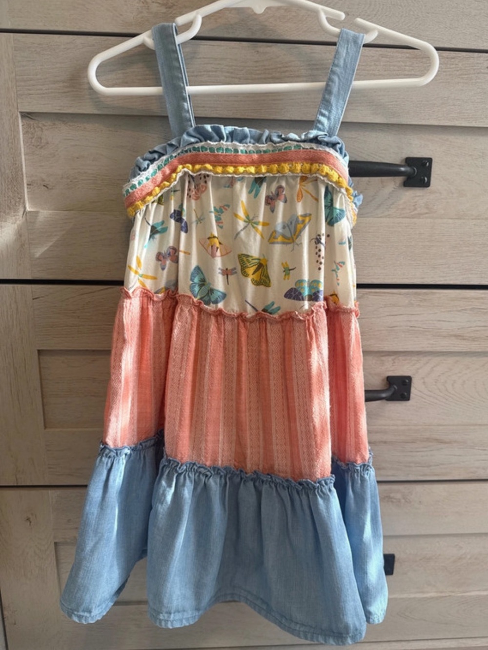 Matilda Jane Denim-Trim Butterfly Tiered Sundress in Coral and Cream